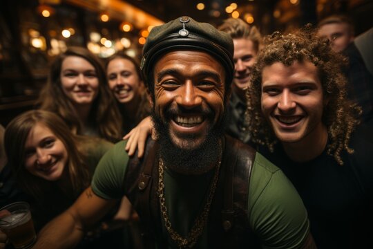 St. Patrick's Day pub crawl with friends wearing green attire, Generative AI