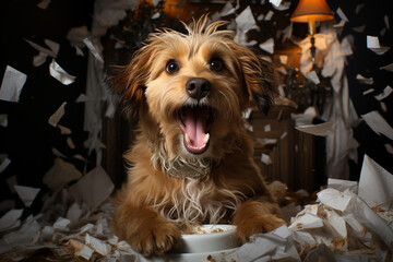 Dutch Smoushond puppy playing on the floor with torn paper