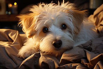 portrait of a Havanese dog puppy lying on the bed under the light of a night lamp