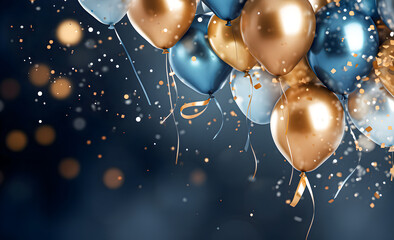 Festive background with gold and blue metallic balls, confetti and ribbons. - obrazy, fototapety, plakaty