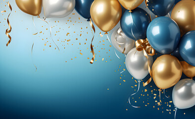 Festive background with gold and blue metallic balls, confetti and ribbons.