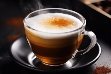 A cup of hot espresso coffee with smoke  on roasted coffee beans