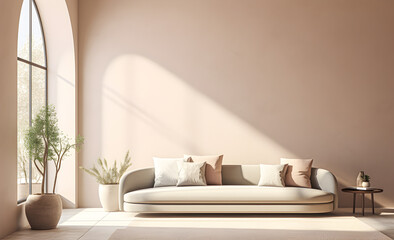 Fototapeta na wymiar Minimalist interior design of modern living room in beige color.