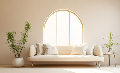 Minimalist interior design of modern living room in beige color.