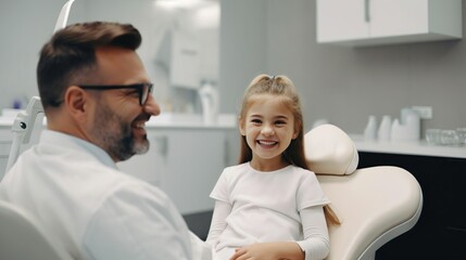 Fototapeta premium Smiling happy little kid child girl patient visits a male dentist doctor at a medical dental clinic. Health care treatment. Healthy teeth. No fear.