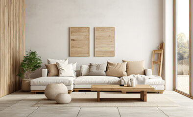 Minimalist interior design of modern living room in beige color.