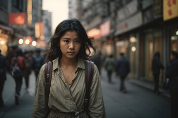 poor girl walking in the city