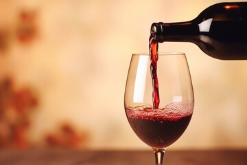 Pouring red wine into glass from bottle. Blurred background - obrazy, fototapety, plakaty