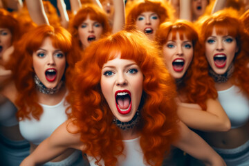 Group of women with red hair and bangs are screaming.
