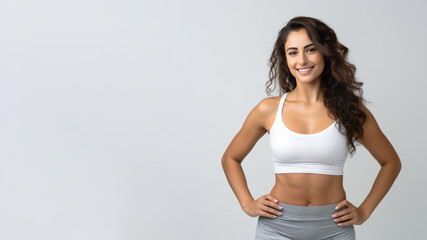 Muscular young long wavy hair woman flexing wearing sportwear in gym
