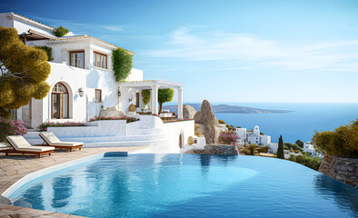 Traditional Mediterranean white house with swimming pool on a hill with beautiful sea views. - obrazy, fototapety, plakaty