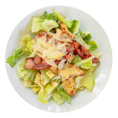 Spicy salad with grilled chicken steak and bacon. Lunch or dinner of chicken breast cutlets, vegetable garnish with Italian cheese, object on a white background.