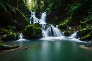 A hidden waterfall cascading through lush greenery in a secluded forest.