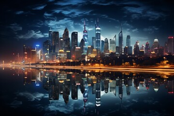 Clean energy-powered city skyline illuminated at night, Generative AI
