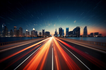 Obraz premium High speed urban traffic on a city highway during evening rush hour, car headlights and busy night transport captured by motion blur lighting effect and abstract long exposure photography