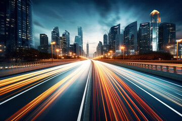 Obraz premium High speed urban traffic on a city highway during evening rush hour, car headlights and busy night transport captured by motion blur lighting effect and abstract long exposure photography