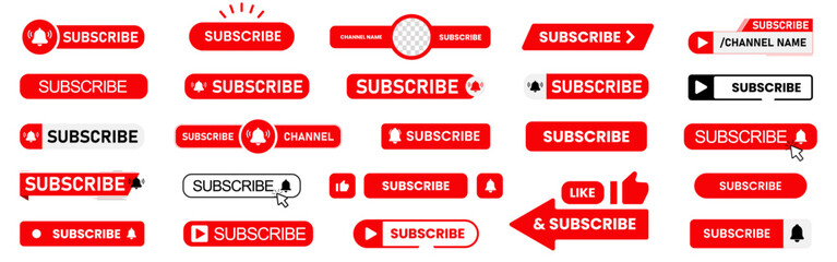 Subscribe buttons collection for social media. Red and black subscribe icons. Set of interface subscribe buttons