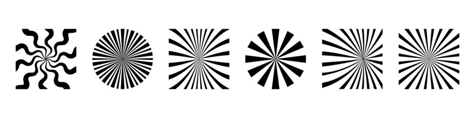 Sunburst geometric radial element stripes background. Set of radial stripes or sunburst backgrounds. Retro sunburst element collection