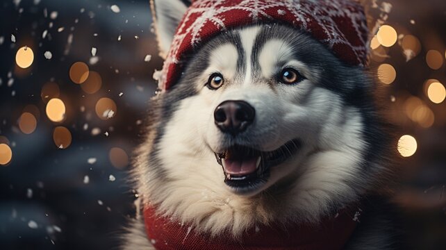 Portrait of a husky dog in a New Year's hat. Close-up. AI Generative