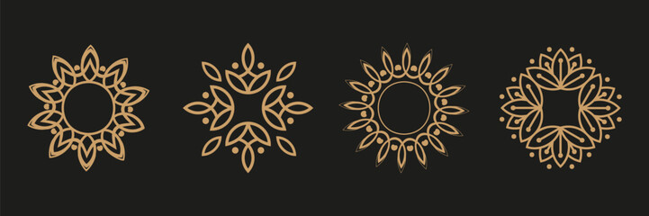 Mandala flower ornament element collection. Set of black flower ornament icons. Black abstract geometric ornament collection - obrazy, fototapety, plakaty