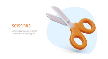 Realistic stationery scissors with yellow handles. Commercial poster for store. Left handed scissors. Stationery for lefty. Horizontal template, place for text on white background