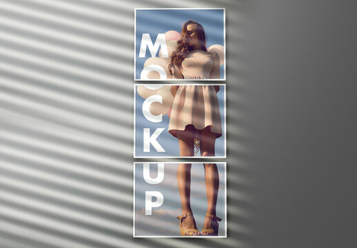 3 Frames in Vertical Display on a Grey Wall with Window Blinds Cast Shadows