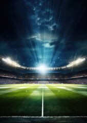 Modern football stadium with strong lights and green football pitch in night. Generative ai.
