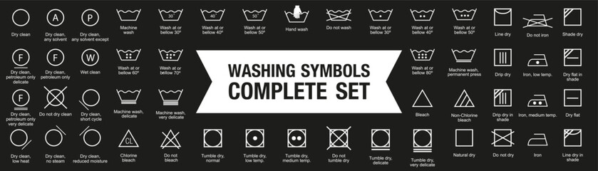 Washing symbol complete collection. Set of black washing icon. Laundry symbol, care label, clothes washing instruction icons - obrazy, fototapety, plakaty