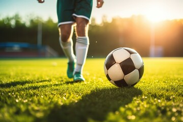 Fototapeta premium Young football player plays with sport ball on the modern football pitch during sunset. Generative Ai.