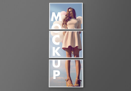 3 Frames in Vertical Display on a Fashion Grey Clean Wall
