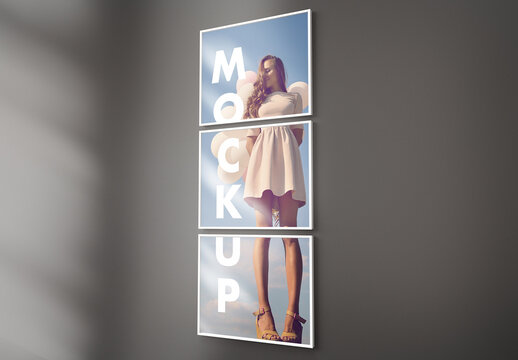 3 Frames on a Fashion Grey Clean Wall with Window Blind Shadows