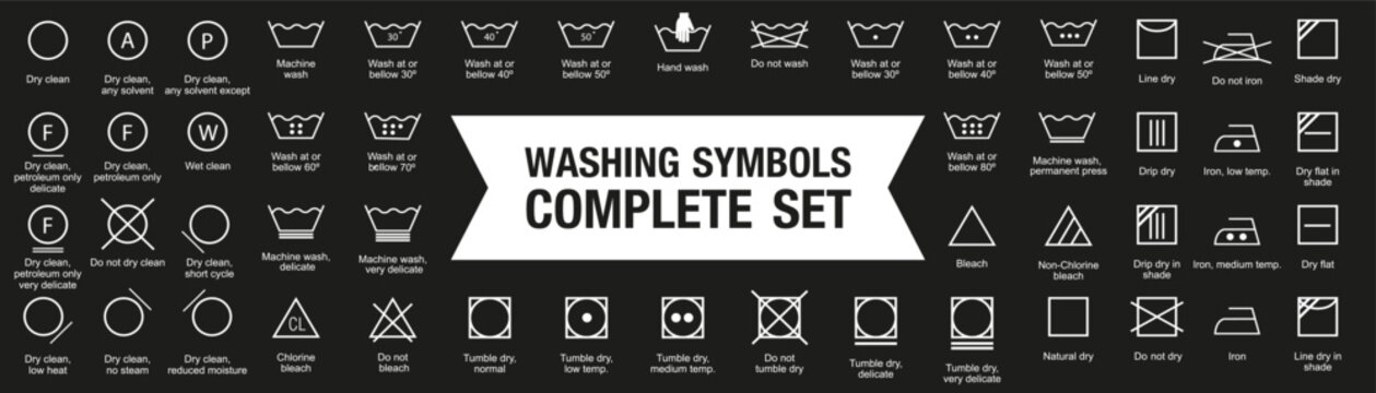 Washing symbol complete collection. Set of black washing icon. Laundry symbol, care label, clothes washing instruction icons