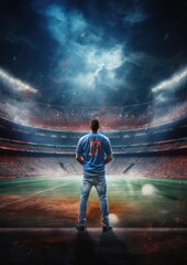 Male football player stands on modern football pitch stadium with strong lights, sport. Generative...