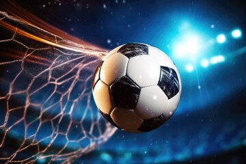 Naklejka premium Football sport ball in action during match at the stadium, colorful. Generative Ai.