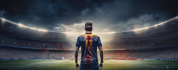 Football player stands on modern football pitch stadium with strong lights, sport panorama....