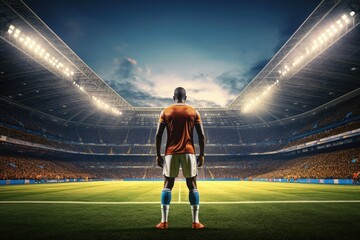 Male football player stands on modern football pitch stadium with strong lights, sport. Generative ai.