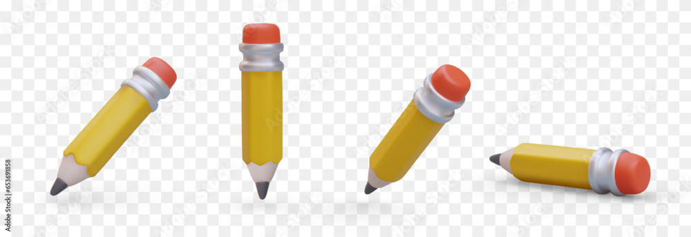 Poster yellow sharpened pencil with red eraser. vector object in different positions. tool for drawing. set