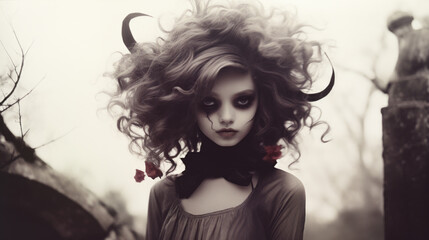 Fototapeta premium Solitude of sorrow in a dying rose garden, eerie stillness shrouds her thoughts and feelings of love lost. Vintage toned old photo like dark art fantasy Victorian era inspired fashion witch cosplay. 