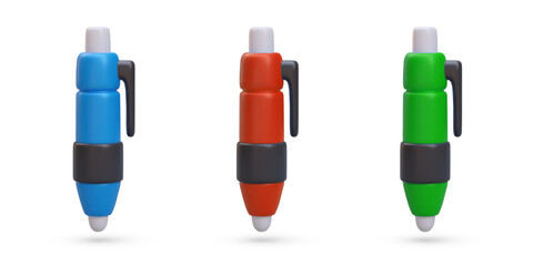 Set of realistic ballpoint pens in different colors. Stationery for beautiful design of records. School supplies. Vector image on white background. Cute icons