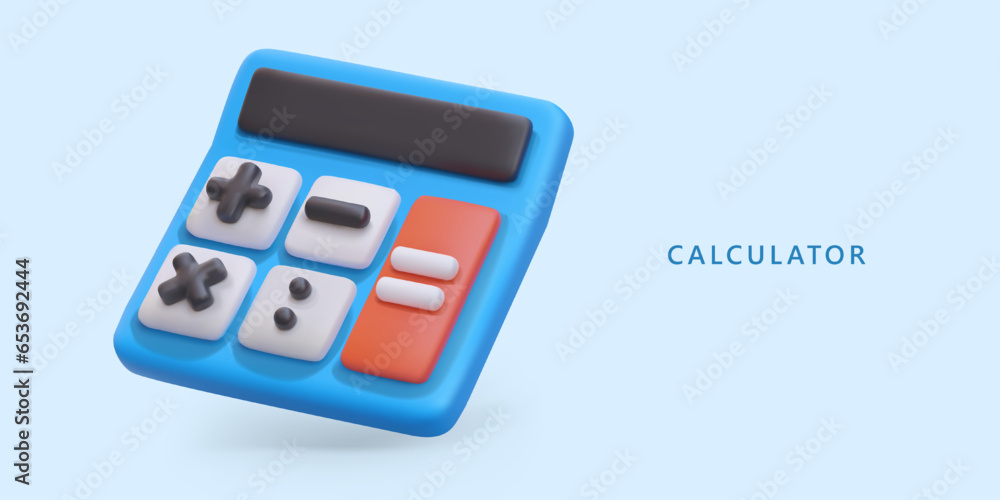 Poster realistic calculator in cartoon style. basic mathematical operations online. counting, calculation, 