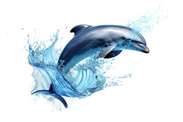 Image of a dolphins are jumping with water splashing. Undersea animals. Illustration, Generative AI.
