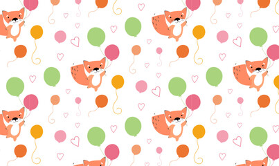 seamless vector pattern with foxes and balloonns. cute birthday seamless pattern in flat cartoon style. repeating pattern for children and girls