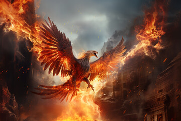 Image of ferocious eerie angry phoenix is flying burning, Bird, Mythical creatures., Generative AI, Illustration. - obrazy, fototapety, plakaty