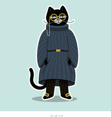 Cartoon stylized cat character. Set of 111 units. Number 51. 2d animation, printing, pets, stickers, digital art. Conceptual toys.