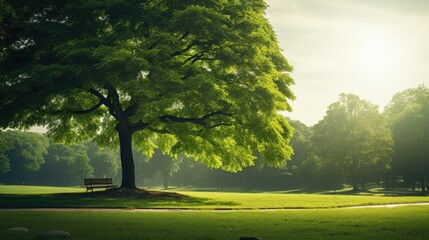 Big green park tree with bench underneath in daylight - obrazy, fototapety, plakaty