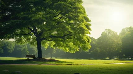 Fototapeten Big green park tree with bench underneath in daylight © Wendy2001