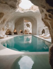 Cave with a poool on Santorini island hotel