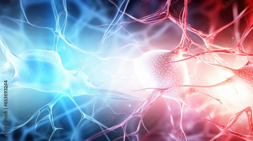 Aufkleber glowing red and blue neural link brain connections and synapses background