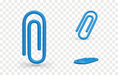 Realistic blue plastic paper clip. Stationery. Collection of pages, organization of archival documents. Item in different positions. Set of vector icons