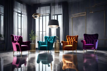 Concept of luxury and success with multi colored velvet armchair, job vacancy.